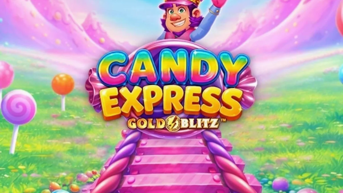 Candy Express Gold Blitz slot game interface featuring candy-themed train elements