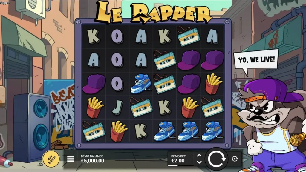 Le Rapper slot game interface featuring the raccoon character Smokey